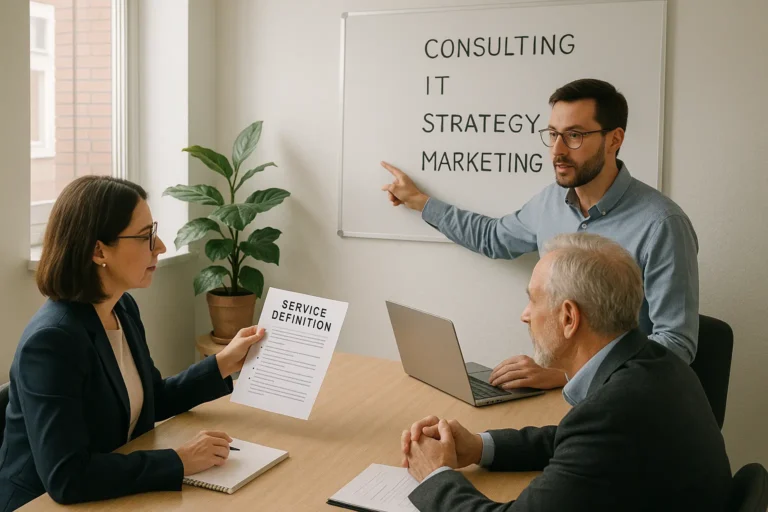 Business consultants reviewing a service definition document during a strategy meeting, highlighting professional liabilities covered by errors and omissions insurance.