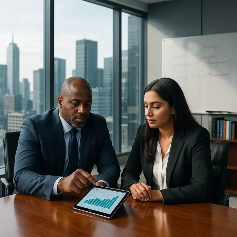 Two financial professionals reviewing portfolio performance on a tablet in a high-rise office, illustrating the risk-analysis side of financial services insurance.