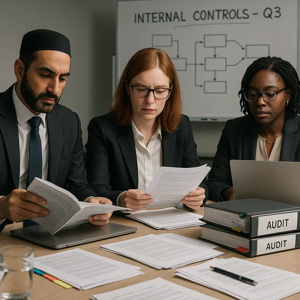 Three auditors reviewing documents and files labeled 'Internal Controls Q3' during compliance meeting