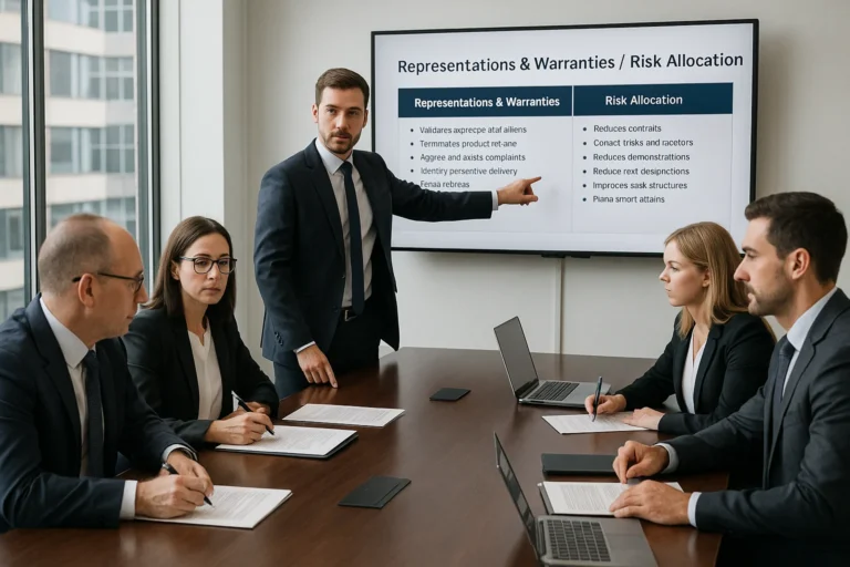 Business professionals in a conference room reviewing representations and warranties during a transaction meeting, illustrating key risks addressed by M&A insurance.