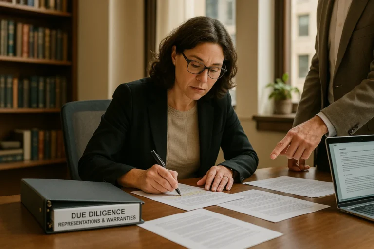 Attorney conducting due diligence on transaction documents, representing the legal and financial protections provided by M&A insurance.