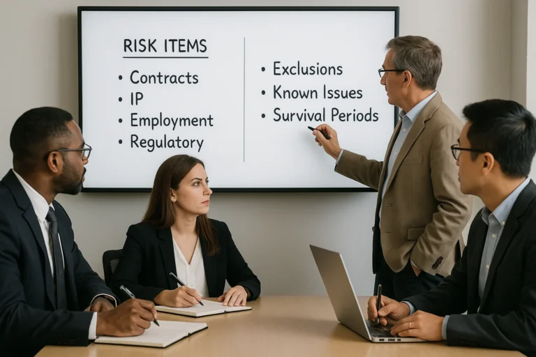 Team reviewing contractual and regulatory risk items during a merger process, demonstrating scenarios where M&A insurance mitigates exposure.