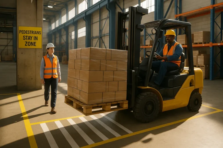 Forklift operator moving a pallet while a pedestrian walks nearby, highlighting workplace safety exposures addressed by workers compensation insurance.