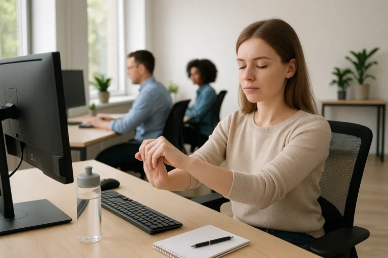Office employee stretching hands to prevent repetitive-strain injuries, demonstrating ergonomic risks covered by workers compensation insurance.