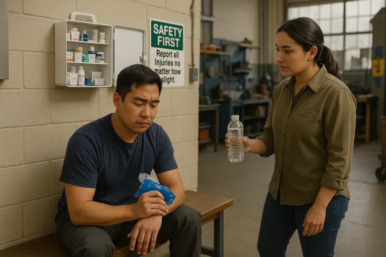 Employee holding an ice pack on an injured hand while a coworker offers water, representing on-the-job injuries protected under workers compensation insurance.