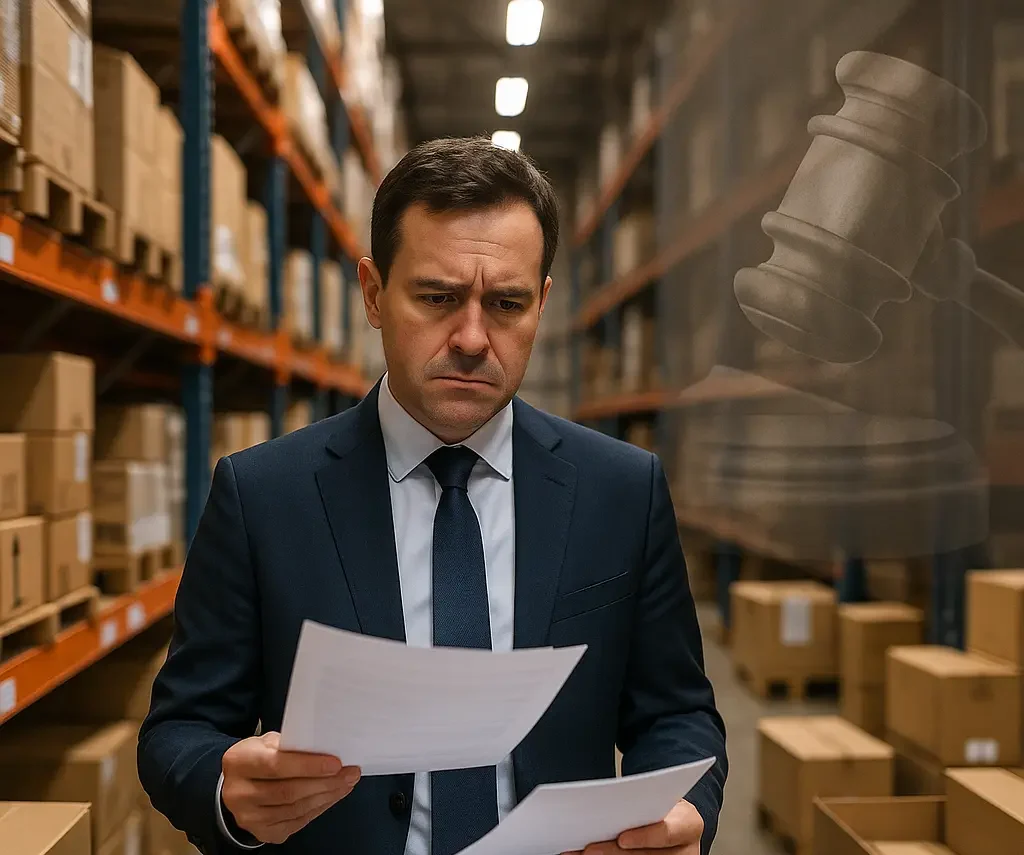 Concerned importer in warehouse reviewing paperwork with legal liability symbols overlayed