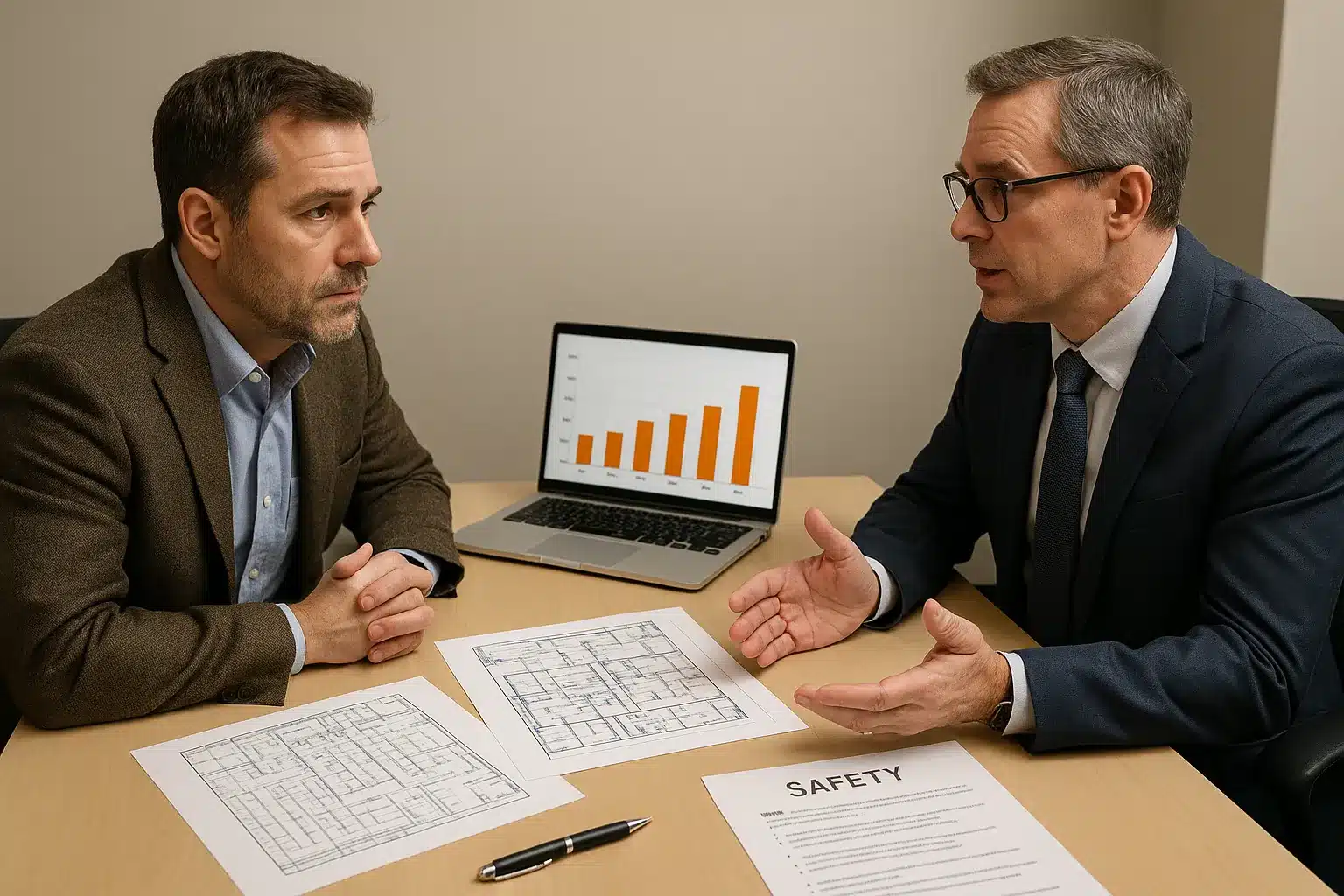Two managers reviewing warehouse safety plans and risk diagrams during a meeting, showing how safety planning supports comprehensive Insurance for Distributors.