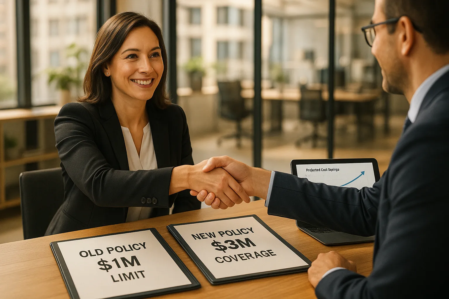 A hyperrealistic image of a businesswoman finalizing an upgraded cyber insurance policy in a professional setting. Visible documents and digital analytics highlight the benefits of strategic renewal and increased coverage.