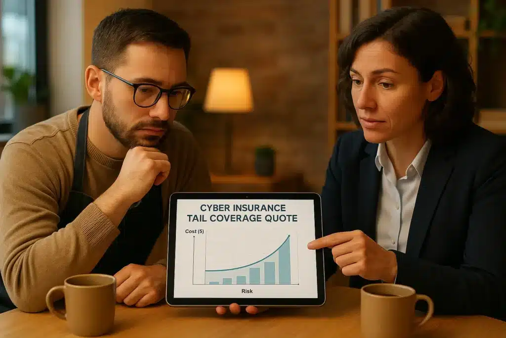 Business owner evaluating cyber insurance tail coverage costs with financial advisor.