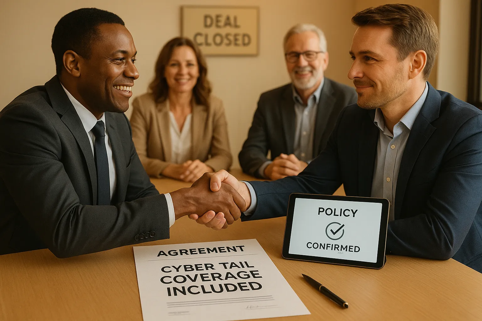 Business buyer and seller finalizing deal with cyber tail coverage confirmed.