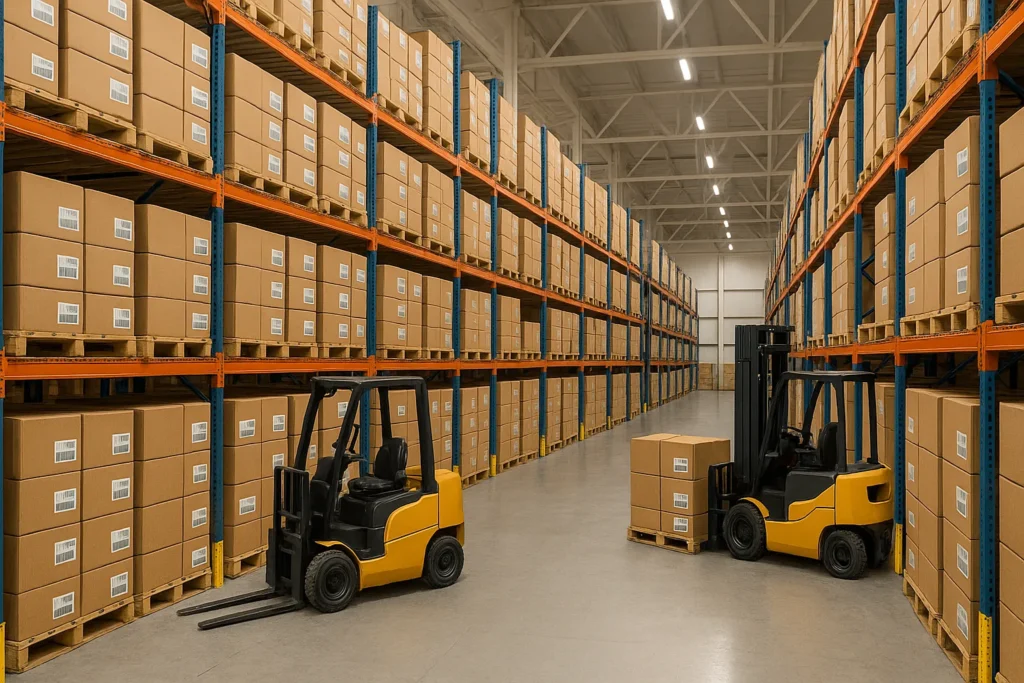 Inventory neatly stored in a third-party logistics warehouse with barcode labels and forklifts nearby, showing an organized and routine storage operation. Importer Insurance