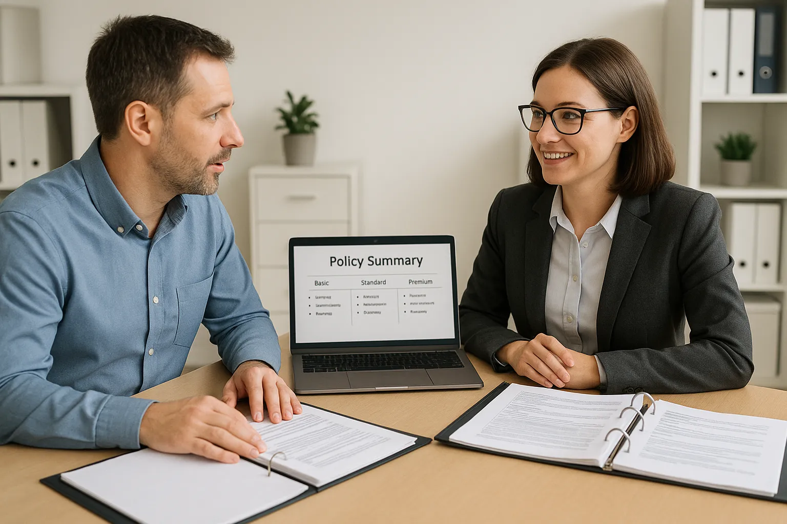 A distributor meeting with an insurance advisor while reviewing policy summaries, representing how Product Liability for Distributors protects against product-related claims.