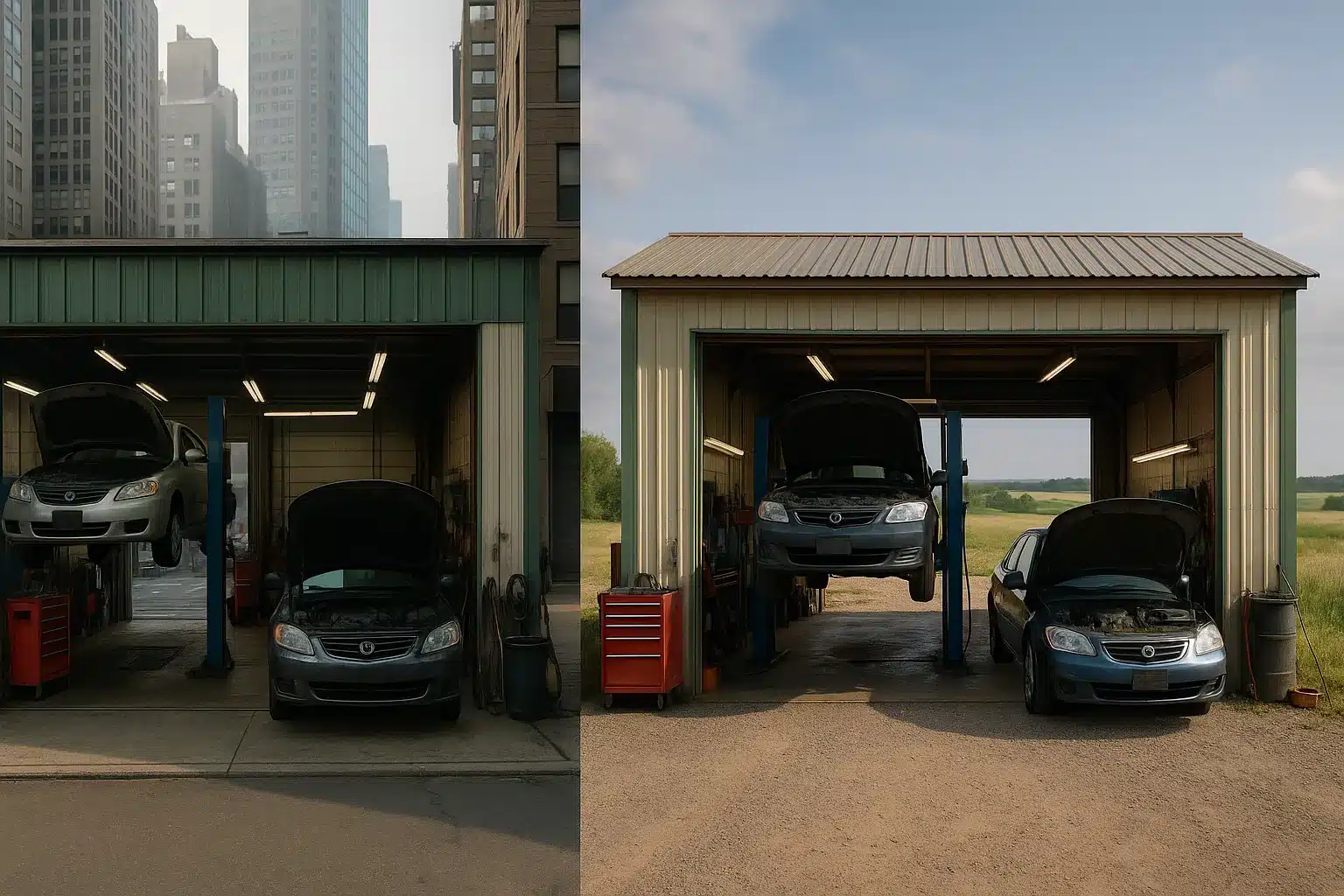 Urban and rural garage environments side-by-side, demonstrating how location impacts garage insurance cost.