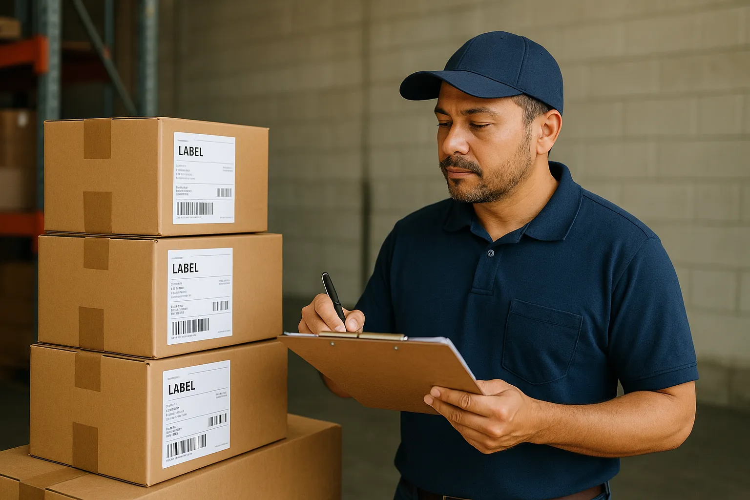 A warehouse worker inspecting labeled boxes with a clipboard, illustrating risk-control processes tied to Product Liability for Distributors.