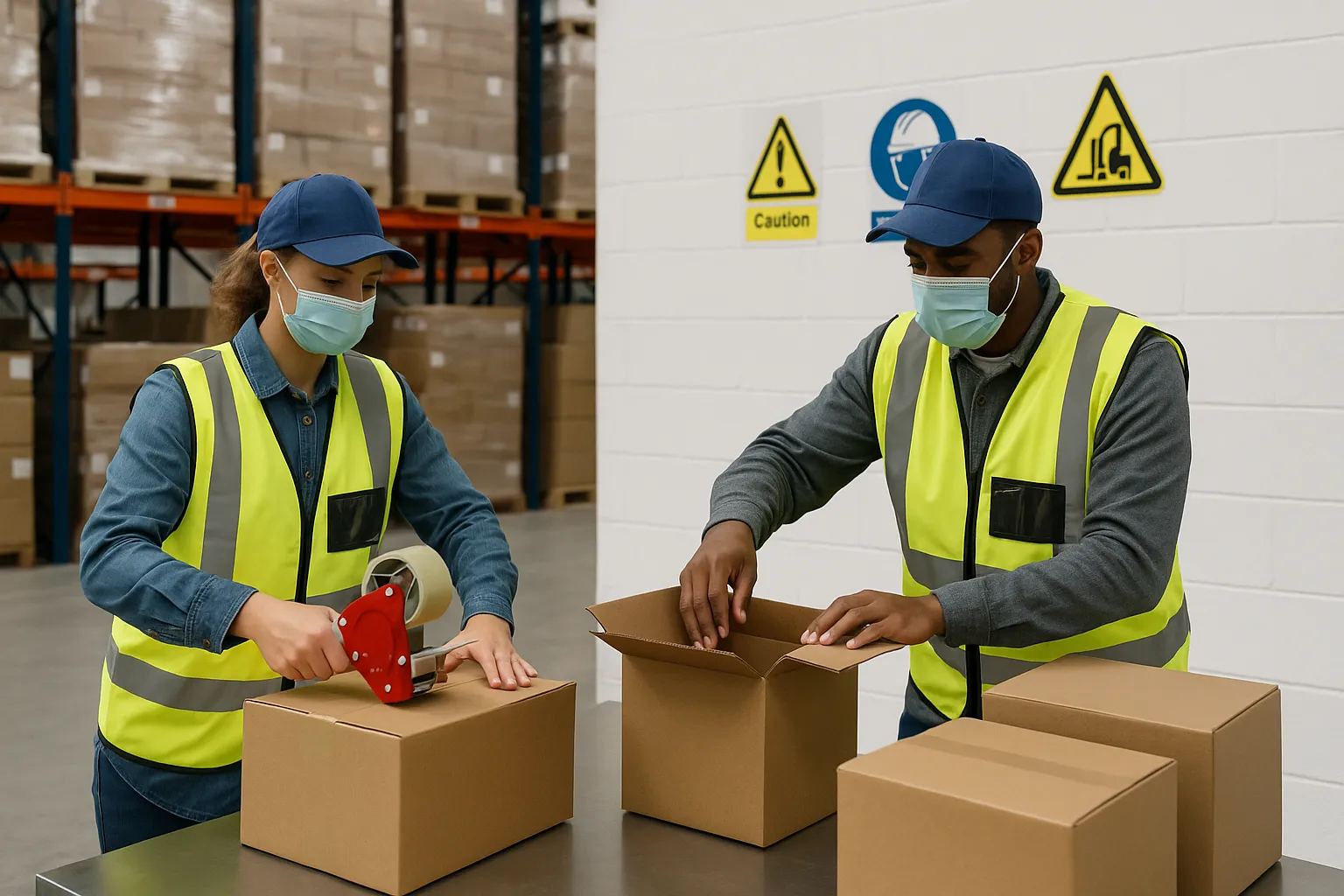 Warehouse employees safely packing and sealing boxes in a distribution center, showing safety practices that help reduce exposure under Product Liability for Distributors.