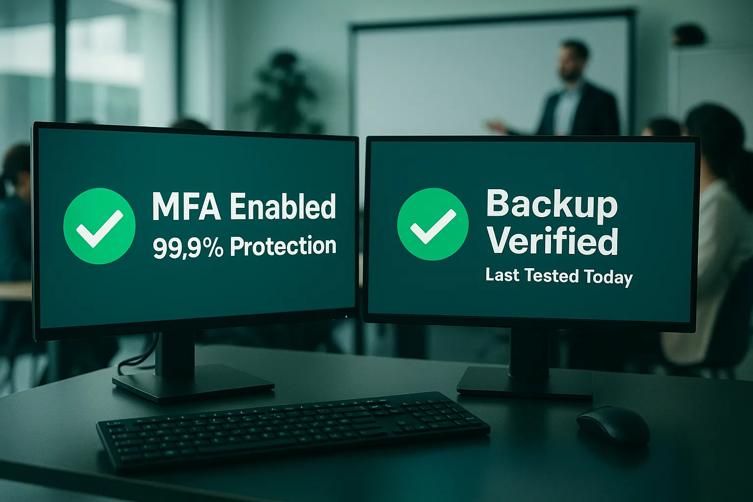 “Workstation with MFA and verified backup screens, showing key security controls required for comprehensive Ransomware Insurance Coverage.”