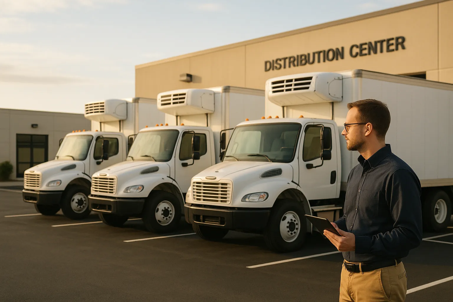 A fleet manager standing outside a distribution center inspecting parked refrigerated trucks with a clipboard on a calm, sunny morning.