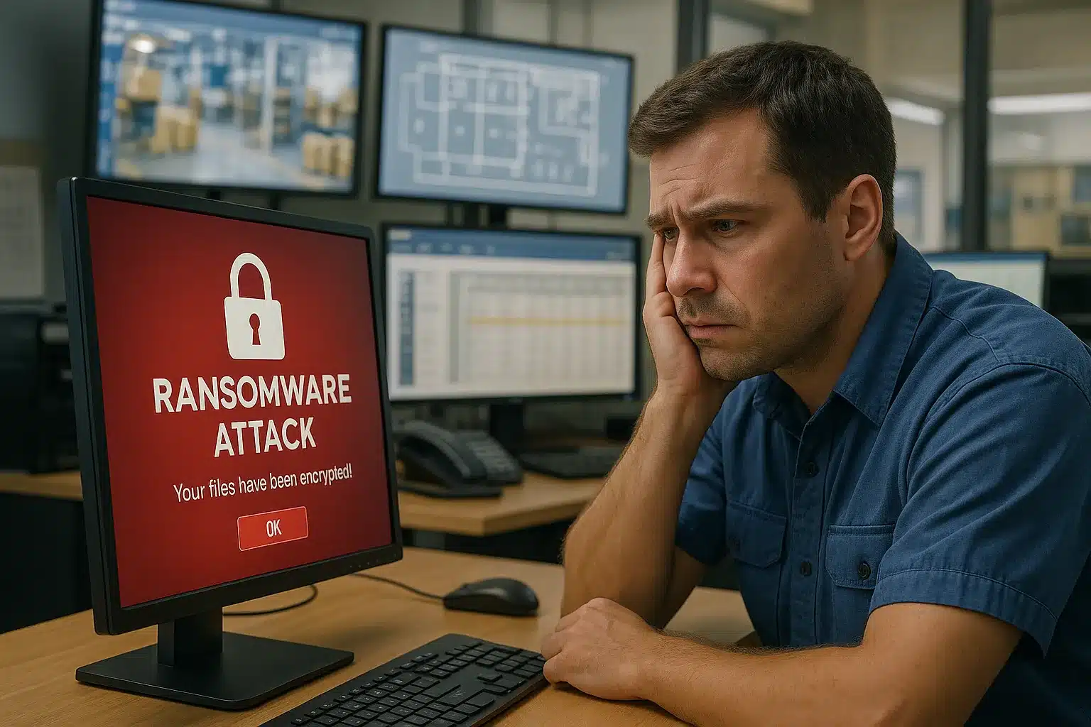 A worried employee staring at a computer displaying a ransomware attack alert, highlighting cyber exposure and the need for strong Insurance for Distributors.