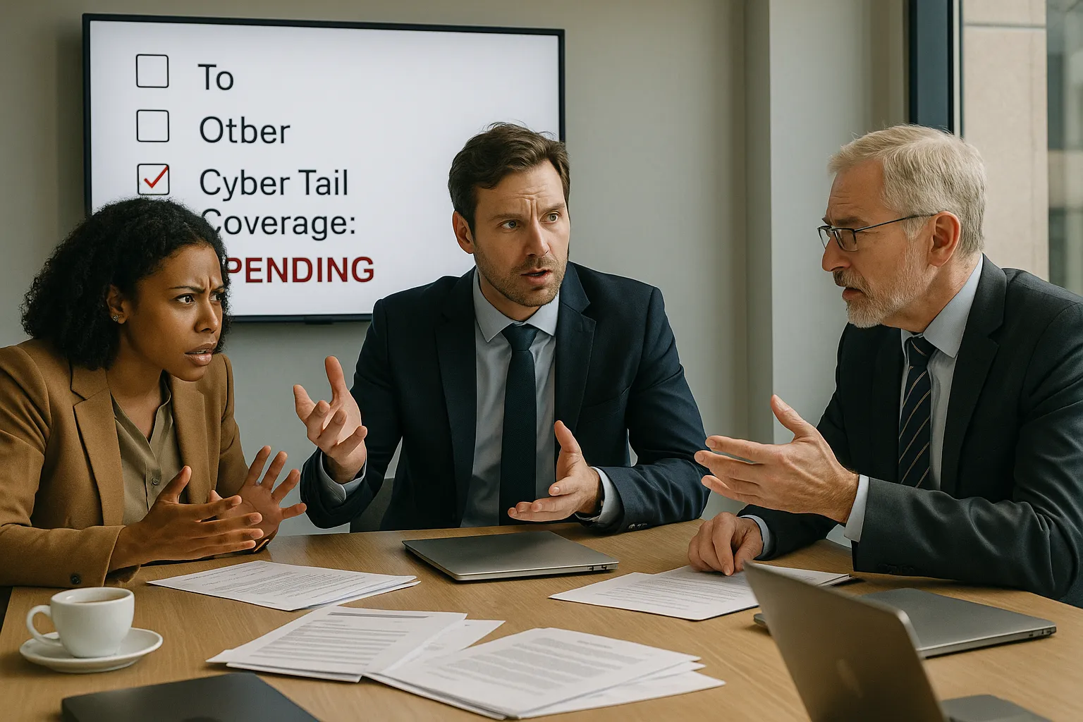 Business deal meeting stalled over unresolved cyber insurance tail coverage requirement.