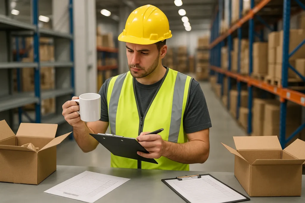 Warehouse worker inspecting recently imported products for defects at a receiving station, with open boxes and checklists in a bright storage facility. Importer Insurance.