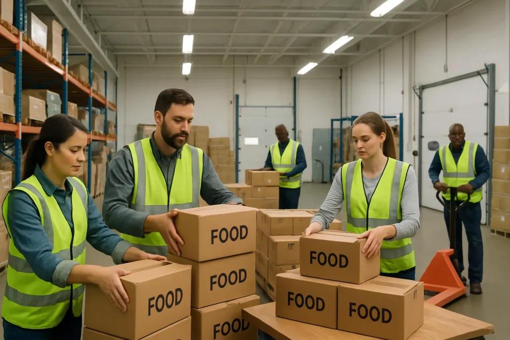 Warehouse workers organizing and stacking boxes labeled “FOOD” in a distribution facility, representing product handling exposures addressed by food distributor insurance.