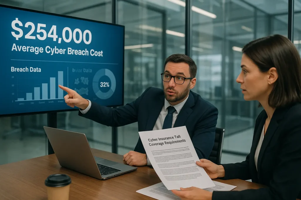 Business buyer discussing cyber insurance tail coverage as protection against costly post-sale data breaches.