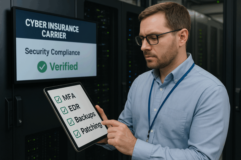IT manager verifying mandatory security controls during cyber insurance renewal to ensure compliance and avoid denied claims.