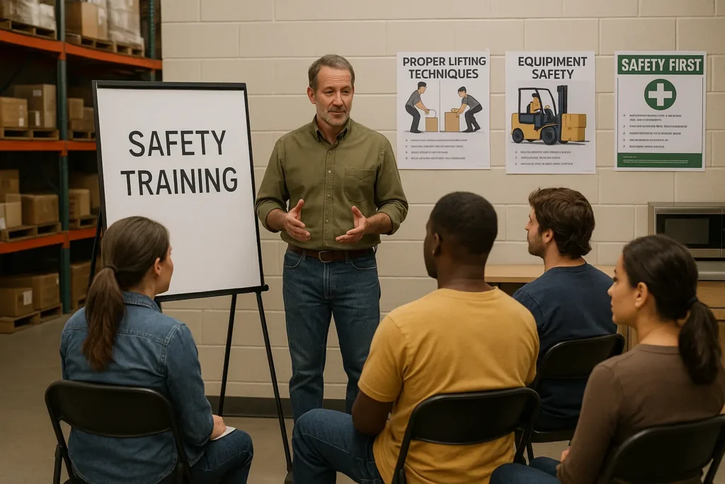 Warehouse employees attending a safety training session with posters on lifting techniques and equipment safety, emphasizing workplace risk management supported by food distributor insurance.
