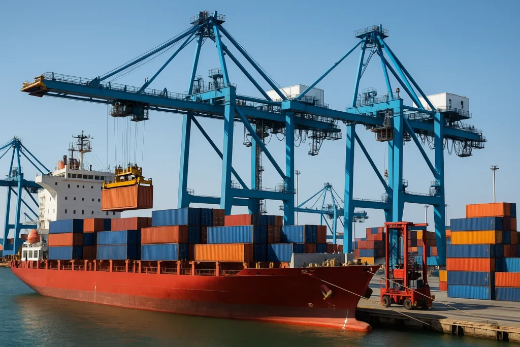 Shipping containers being loaded onto a cargo vessel at a busy international port, with cranes and freight handlers working under clear daylight. Importer Insurance