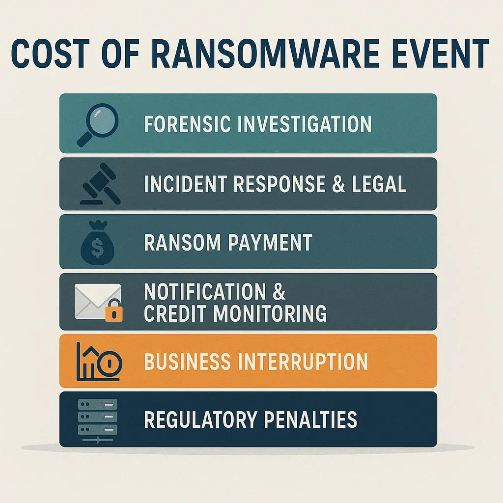 “Infographic bar chart visualizing major cost categories covered or missed by Ransomware Insurance Coverage.”