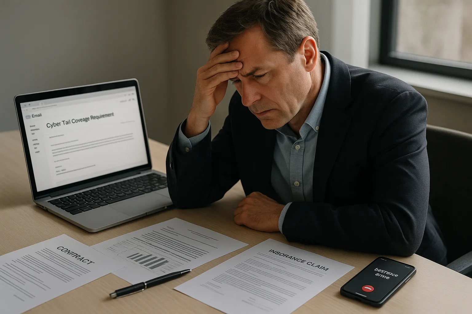 Business owner under pressure due to last-minute cyber insurance tail coverage requirement during company sale.