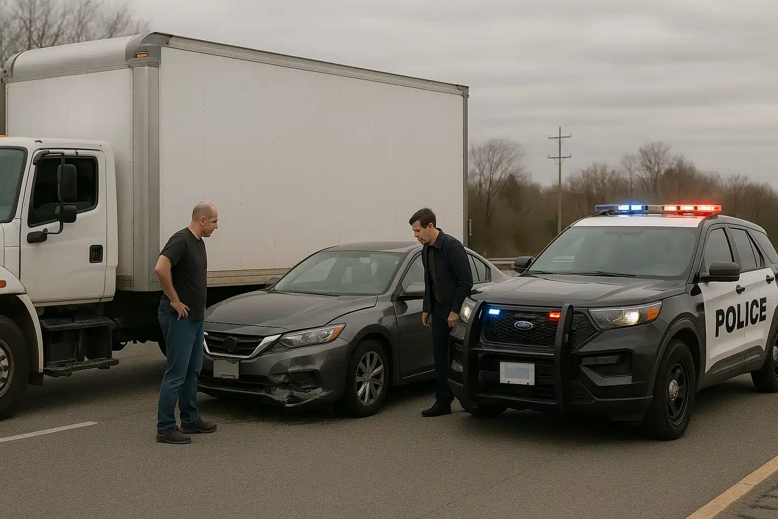 A truck driver and a car driver inspecting collision damage beside a police vehicle, demonstrating auto liability exposures addressed by Insurance for Distributors.