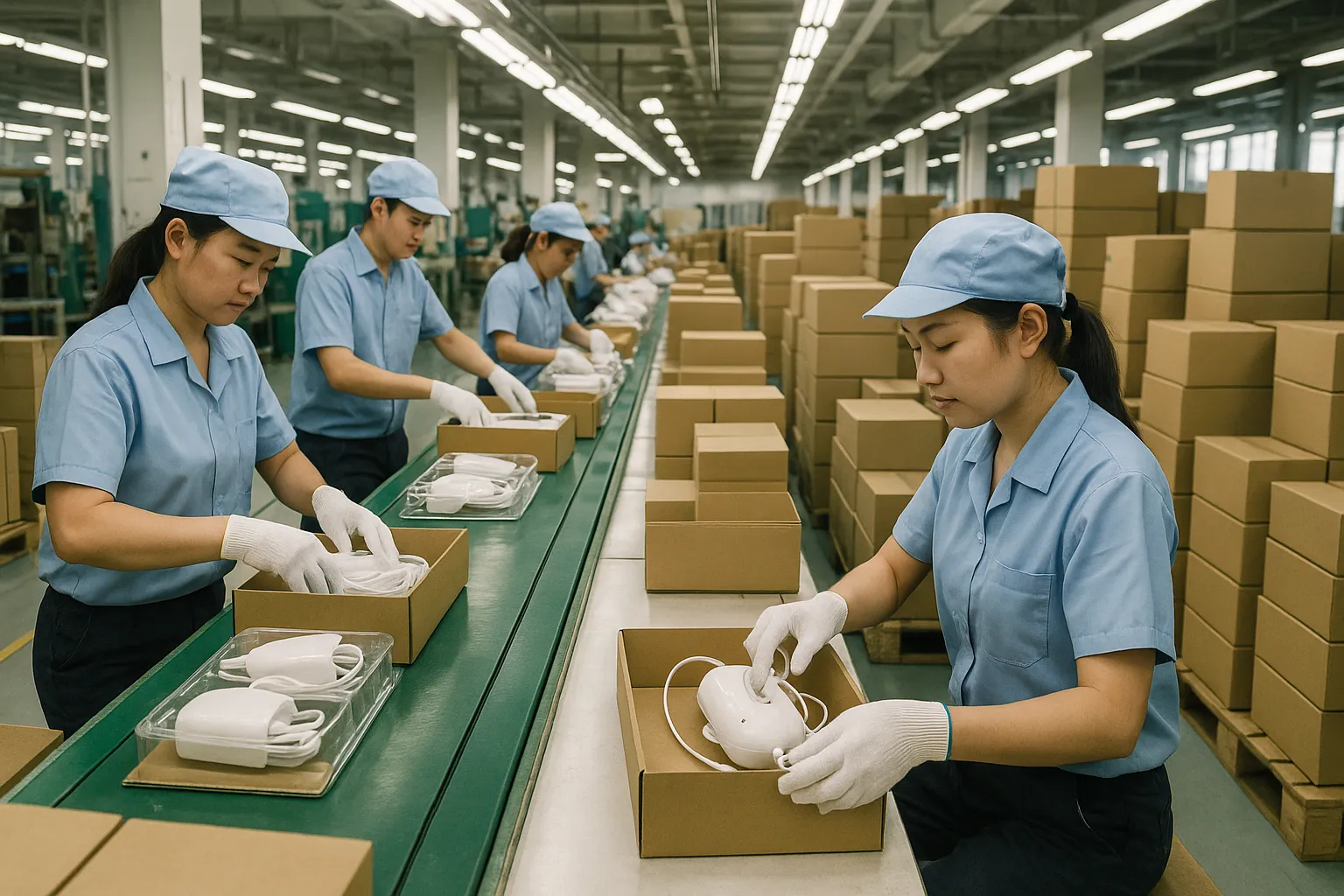 Factory workers overseas assembling consumer products for export in a clean manufacturing facility with packaging materials and boxes being prepared for shipment. Importer Insurance