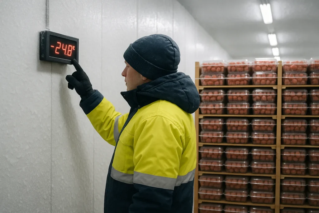 A cold-storage worker checking a digital temperature monitor inside a freezer room filled with packaged food products, highlighting temperature-control risks relevant to food distributor insurance.