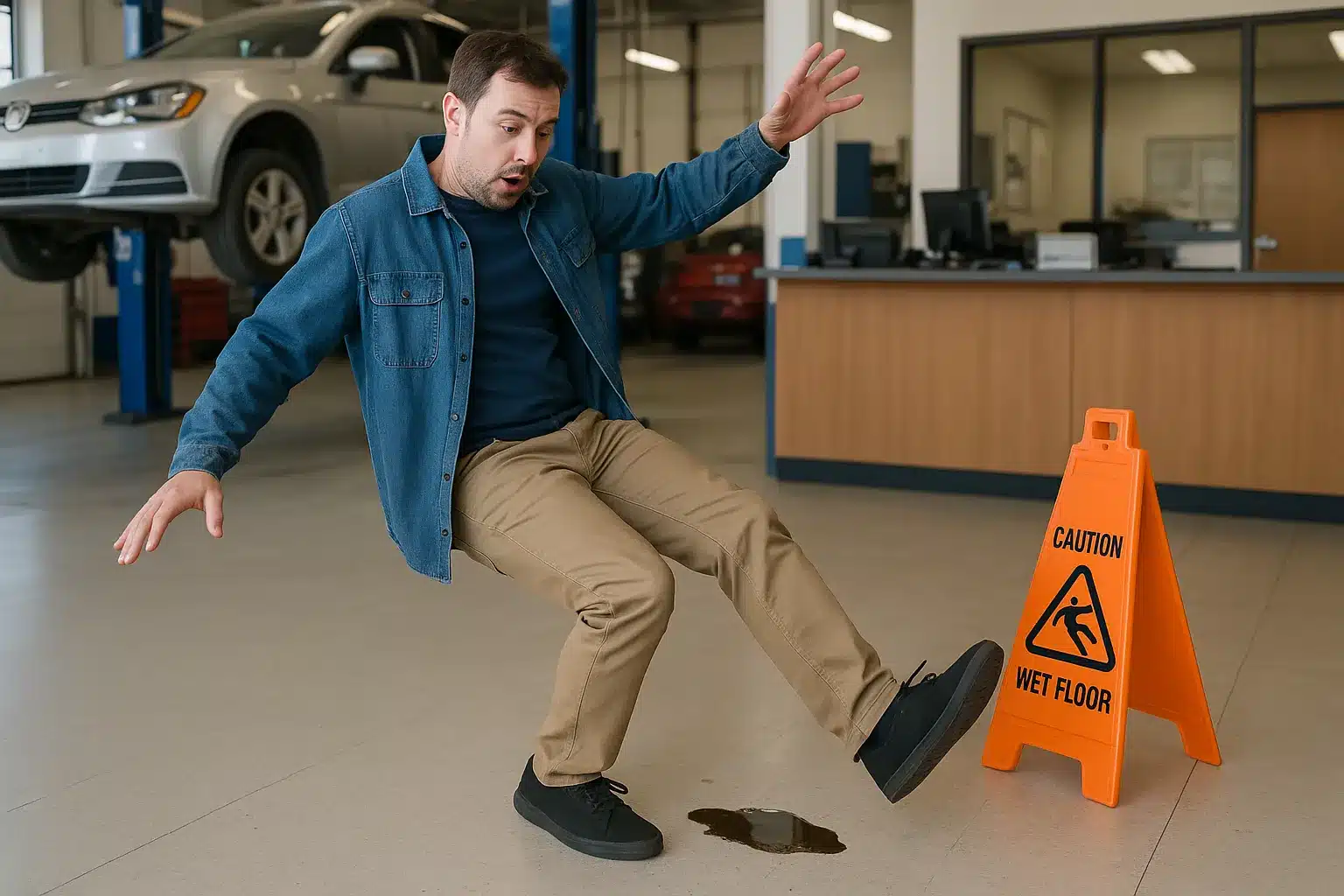 Customer slipping on an oil spill inside an auto repair shop floor, illustrating a real-world risk example for What Is Garage Liability Insurance coverage.