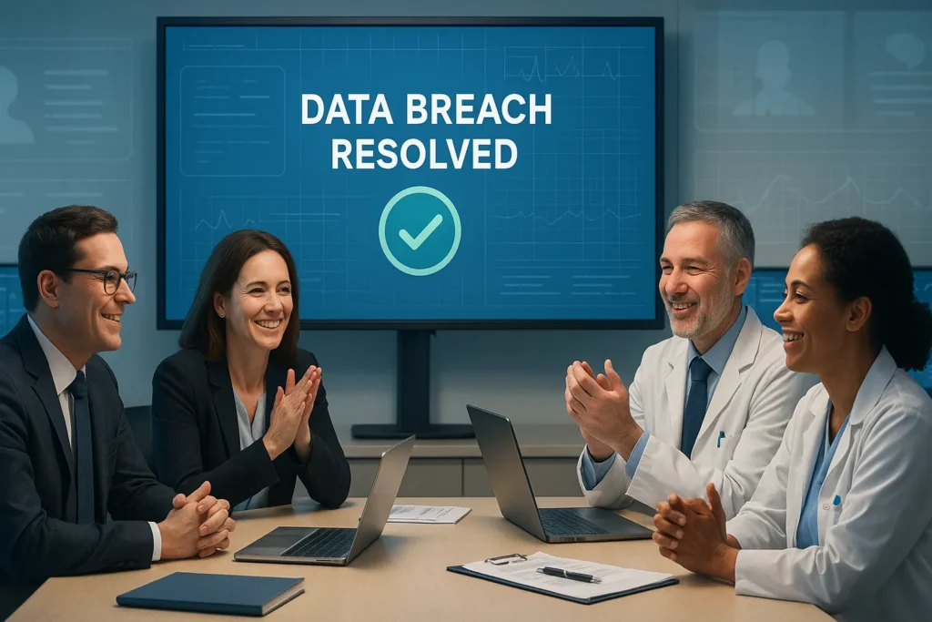 A hospital IT and executive team celebrating after resolving a data breach, representing Cyber Insurance Claims Examples where incident response and recovery services prevent major losses.