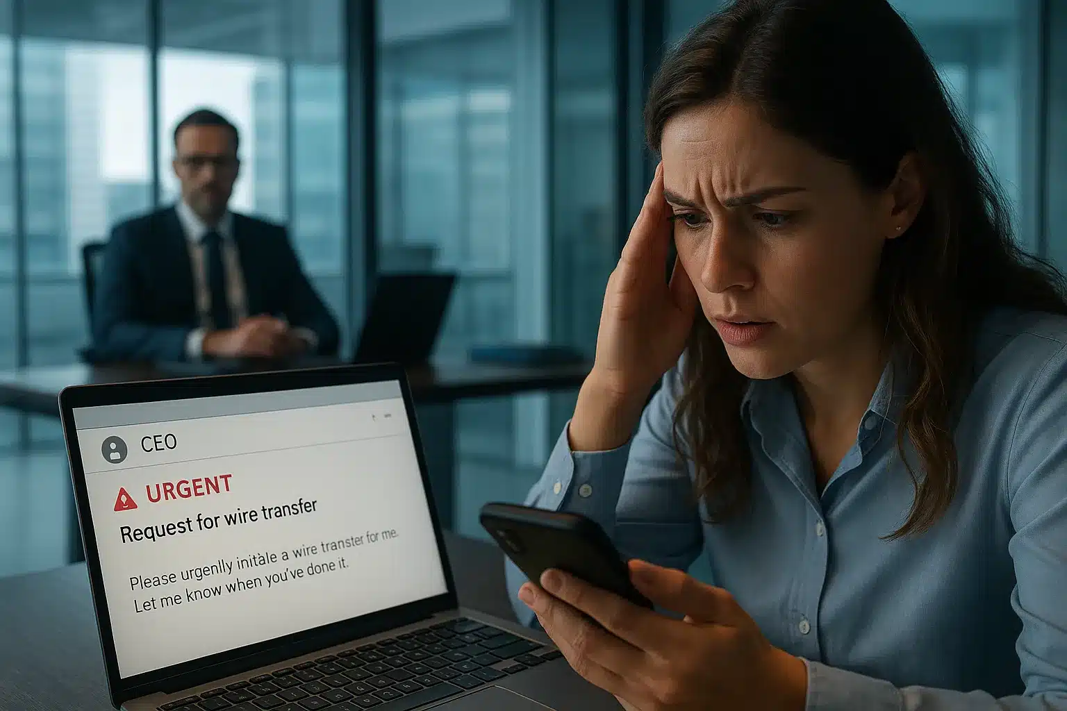 Finance employee reading an urgent impersonated CEO email on a laptop. Cyber Insurance Social Engineering scenario