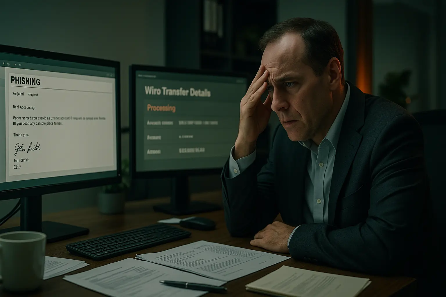 A stressed accounting manager discovers a phishing email and an unauthorized wire transfer, illustrating real Cyber Insurance Claims Examples involving social engineering and financial loss.