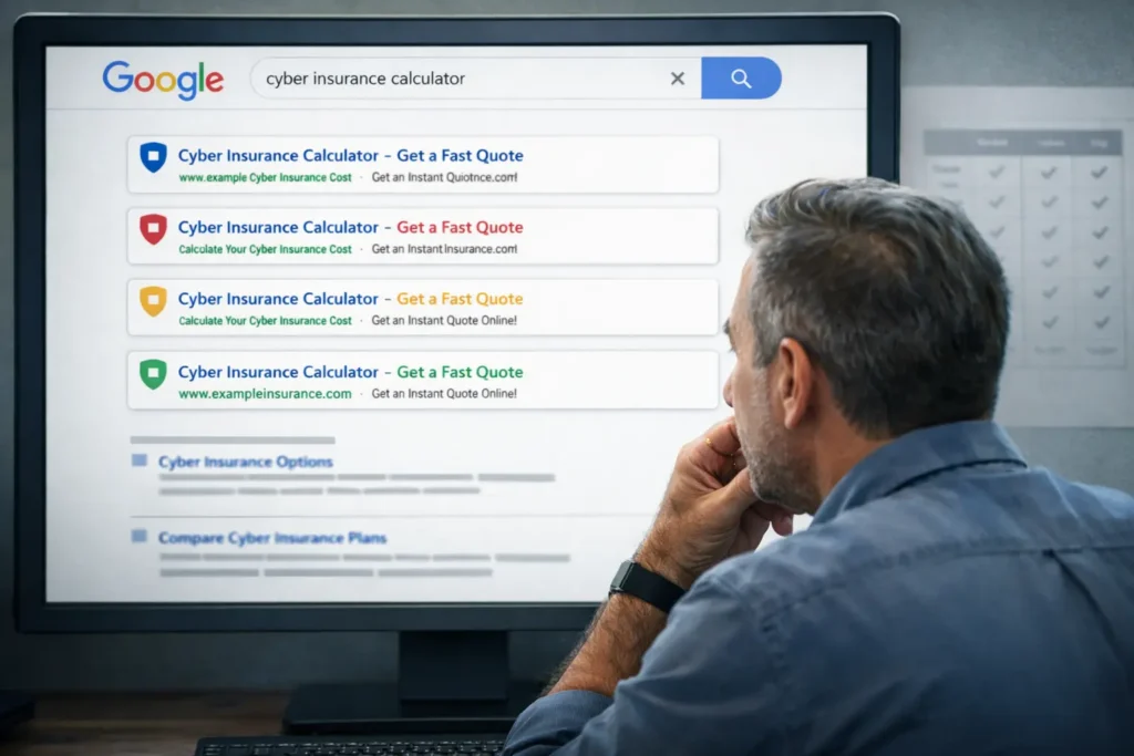 Small business owner viewing Google search results with multiple identical Cyber Insurance Cost Calculator listings, illustrating how top-ranked results often promote a single provider’s policy without offering real comparison.