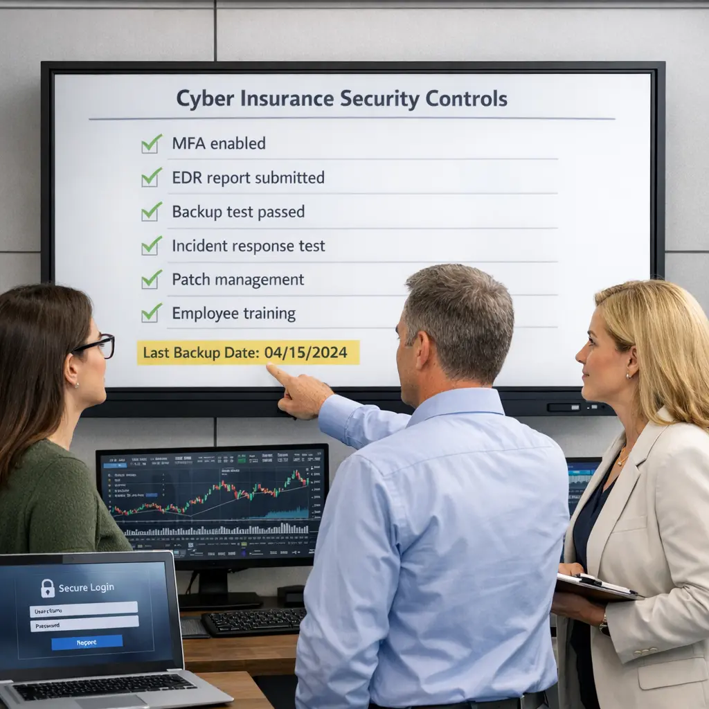 Investment Management Insurance requirements shown through a cybersecurity controls checklist including MFA, endpoint monitoring, backups, and training