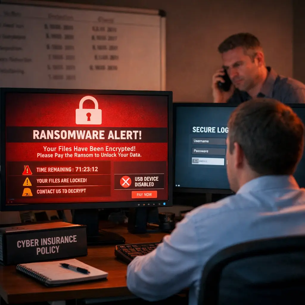 Investment Management Insurance responding to a cybersecurity breach as an investment firm faces a ransomware alert and operational disruption