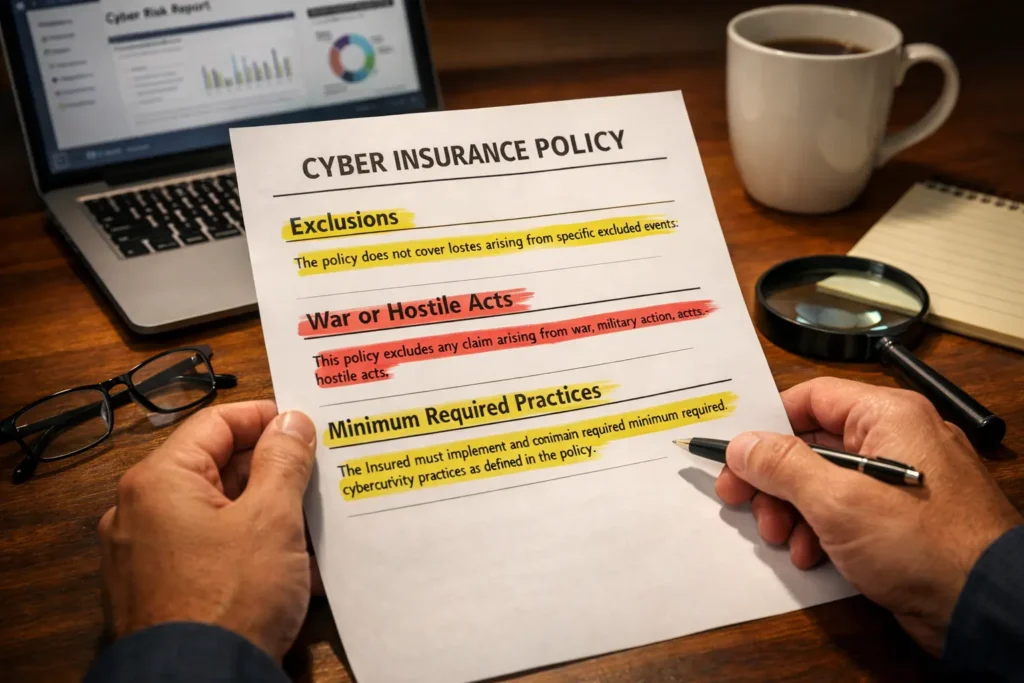 Close-up of hands reviewing a cyber insurance policy with key exclusions highlighted, including war acts and security control clauses—showing how Cyber Insurance Not Paying Out often starts with overlooked fine print.