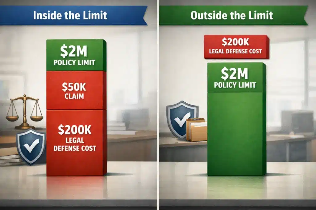 Side-by-side comparison of cyber insurance coverage with defense costs inside vs. outside the policy limit, explaining a hidden reason why Cyber Insurance Not Paying Out leaves businesses underprotected.