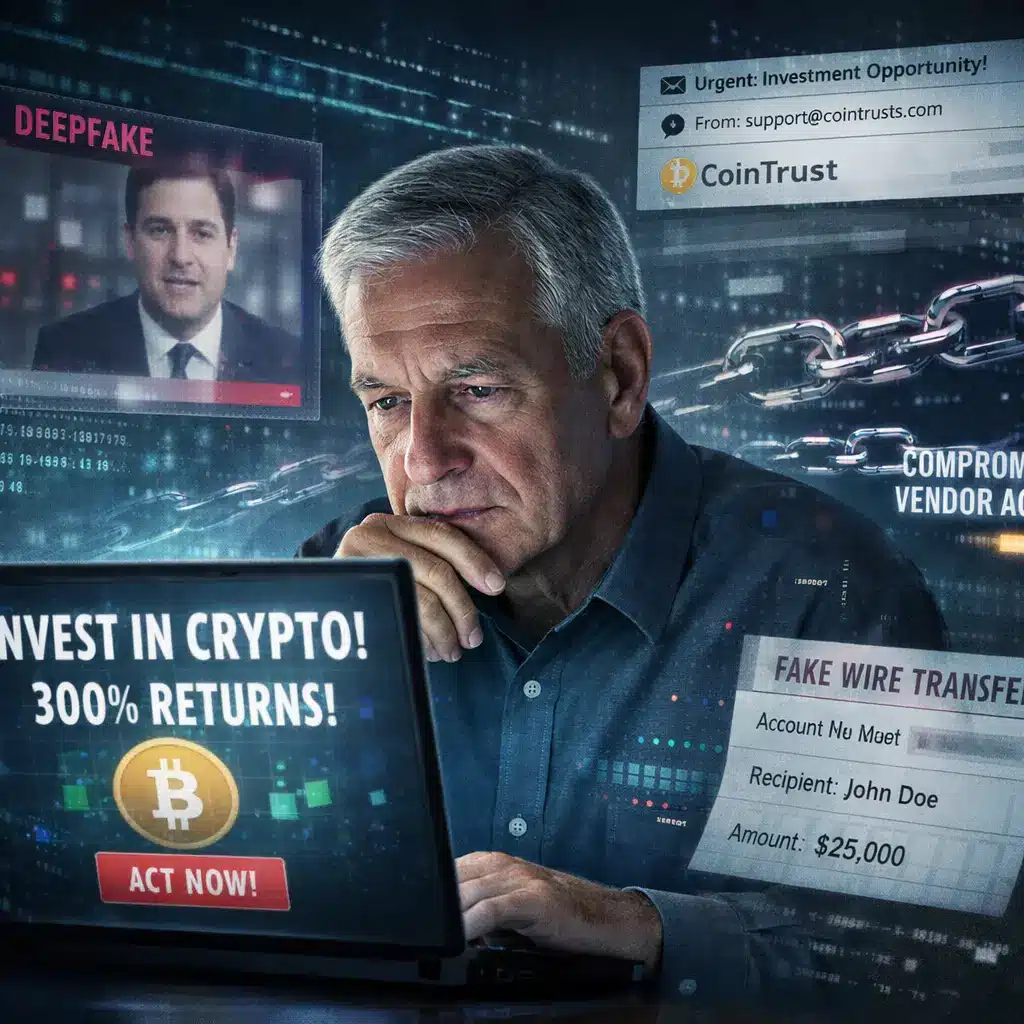 Senior business owner examining a cryptocurrency investment offer as deepfake, AI-generated fraud, and wire transfer scams float nearby—depicting cyber threats that Cyber Insurance Cost Calculators typically fail to assess.