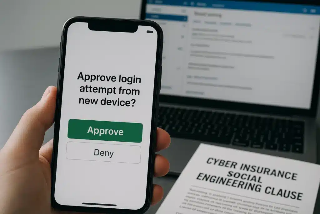 Employee holding a phone showing a login approval request as part of MFA security controls required for cyber insurance social engineering coverage
