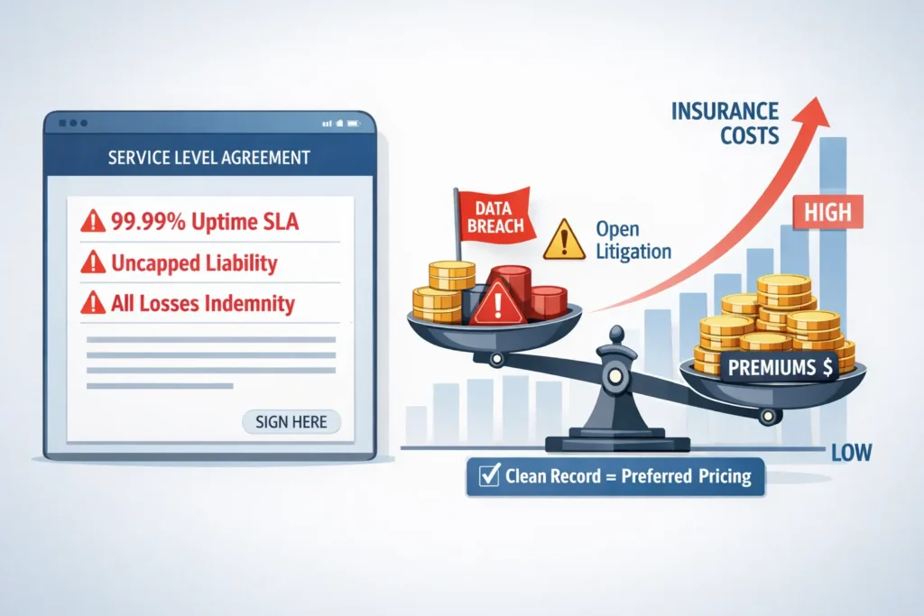 Illustration showing how strict SLAs and negative claims history raise SaaS Insurance premiums, with flagged contract clauses and rising cost indicators visualized on a digital dashboard.