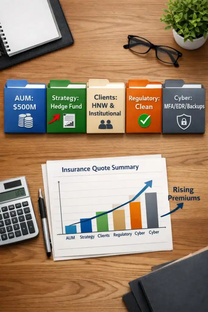 Investment Management Insurance pricing factors including assets under management, investment strategy, client mix, regulatory history, and cybersecurity controls