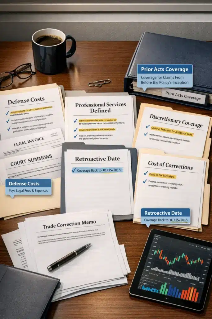Investment Management Insurance coverage showing defense costs, professional services definitions, discretionary authority, prior acts coverage, and cost of corrections protection for investment advisors