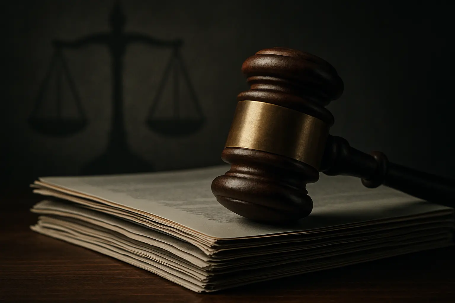 Gavel beside legal documents and justice scale shadows, emphasizing litigation risks protected by D&O insurance for private funds.