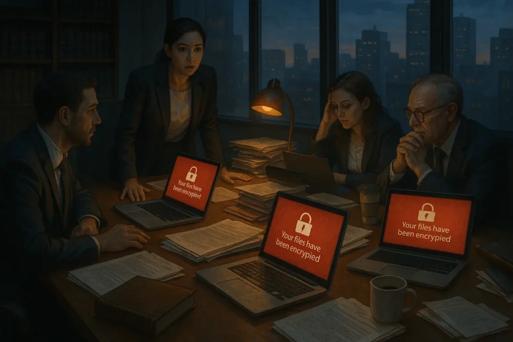A legal team working late as multiple laptops display ransomware encryption warnings, a common scenario featured in Cyber Insurance Claims Examples for business interruption and data recovery.